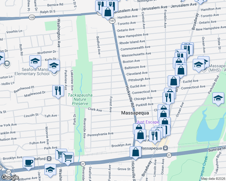 map of restaurants, bars, coffee shops, grocery stores, and more near 590 Forest Avenue in Massapequa