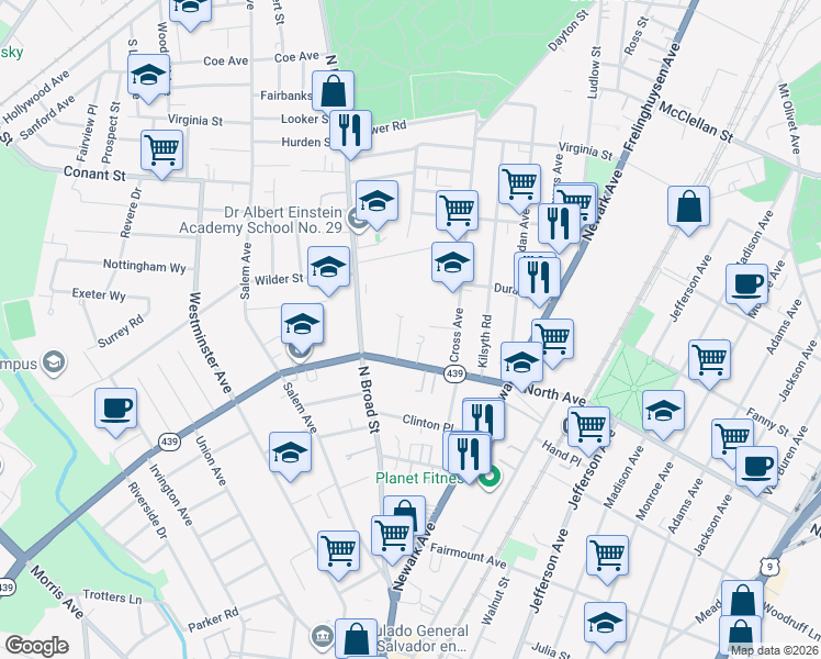 map of restaurants, bars, coffee shops, grocery stores, and more near 825 Stanton Avenue in Elizabeth