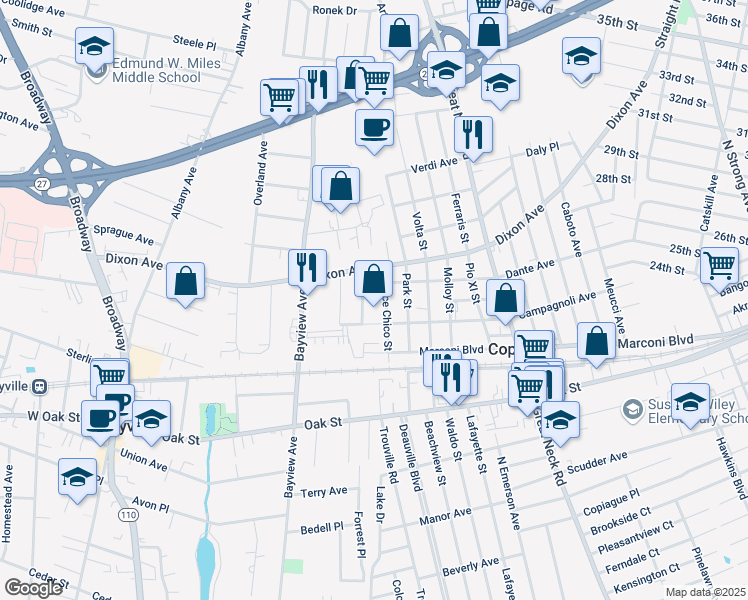 map of restaurants, bars, coffee shops, grocery stores, and more near 170 Prince Chico Street in Copiague
