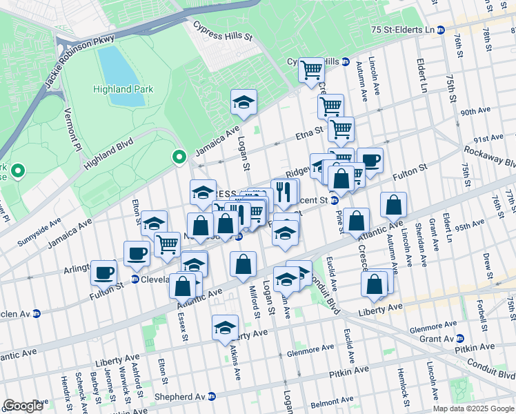 map of restaurants, bars, coffee shops, grocery stores, and more near 155 Logan Street in Brooklyn