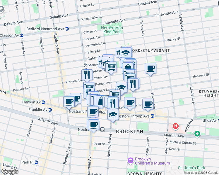 map of restaurants, bars, coffee shops, grocery stores, and more near 227 Hancock Street in Brooklyn
