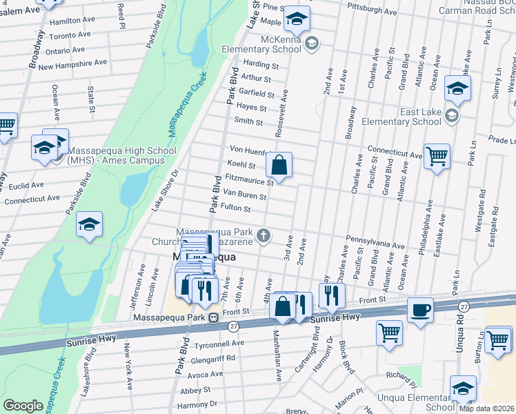 map of restaurants, bars, coffee shops, grocery stores, and more near 181 Fulton Street in Massapequa Park