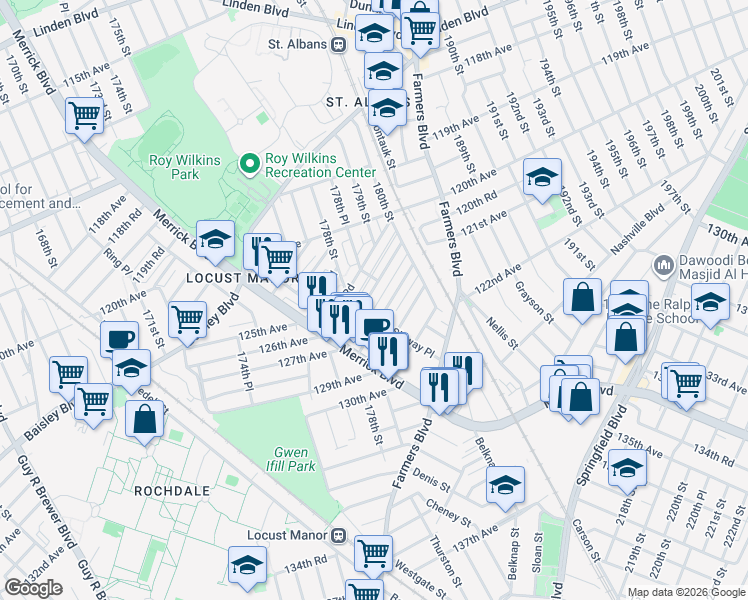 map of restaurants, bars, coffee shops, grocery stores, and more near 179-20 Selover Road in Queens