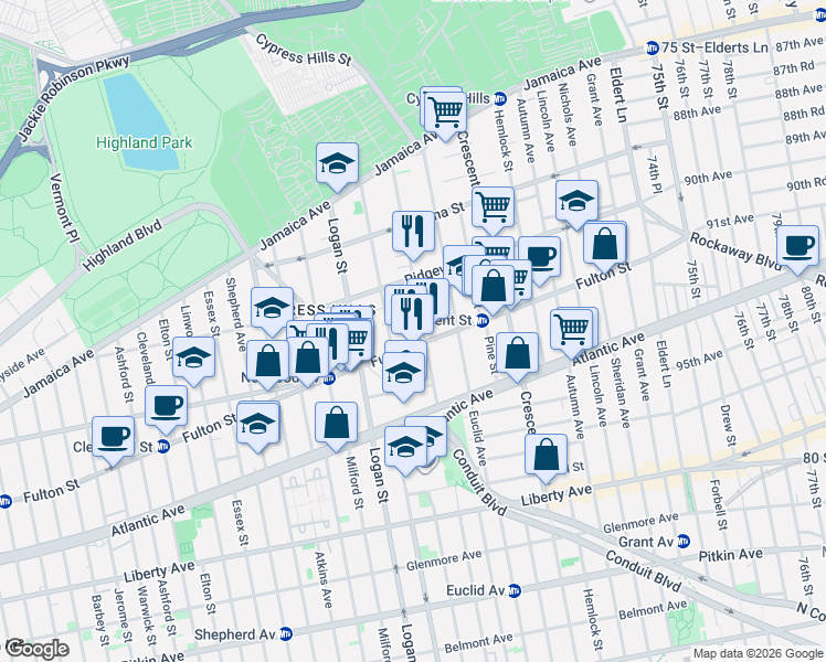 map of restaurants, bars, coffee shops, grocery stores, and more near 183 Richmond Street in Brooklyn
