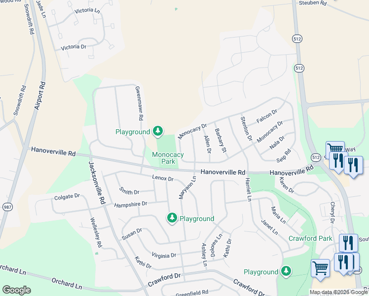 map of restaurants, bars, coffee shops, grocery stores, and more near 5745 Monocacy Drive in Bethlehem