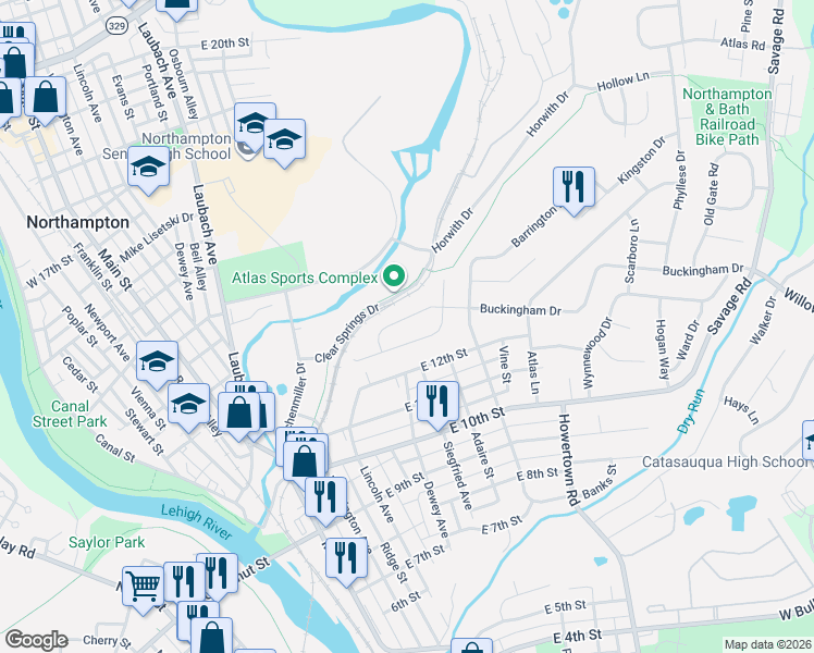map of restaurants, bars, coffee shops, grocery stores, and more near 406 Buckingham Drive in Northampton