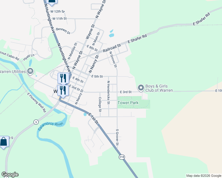 map of restaurants, bars, coffee shops, grocery stores, and more near 301-399 North Hendericks Street in Warren