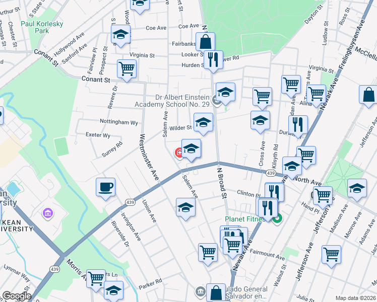 map of restaurants, bars, coffee shops, grocery stores, and more near 45 Georgian Court in Elizabeth
