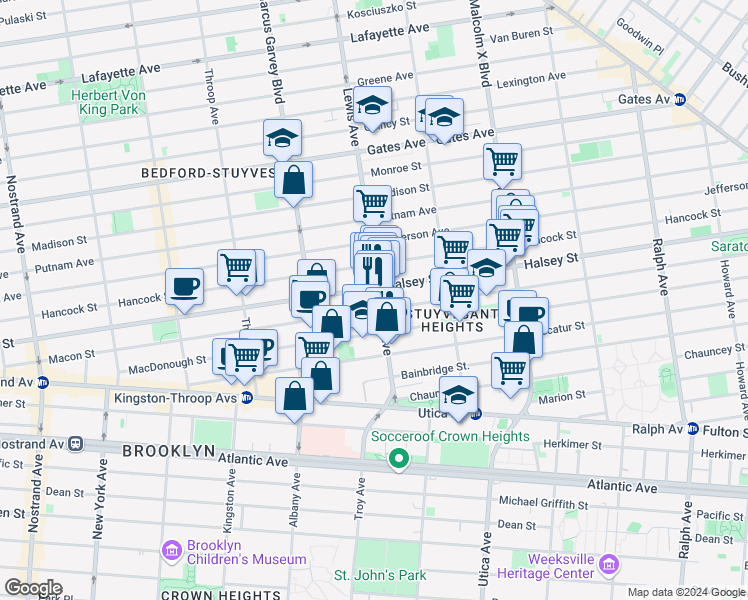 map of restaurants, bars, coffee shops, grocery stores, and more near 362 Lewis Avenue in Brooklyn