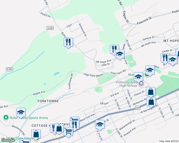 map of restaurants, bars, coffee shops, grocery stores, and more near 1954 High Park Manor in Pottsville