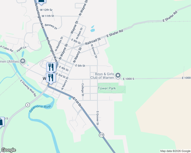 map of restaurants, bars, coffee shops, grocery stores, and more near 300-320 North Grover Street in Warren
