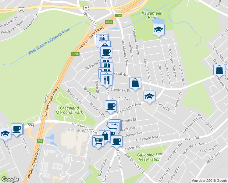 map of restaurants, bars, coffee shops, grocery stores, and more near 215 Longview Road in Union