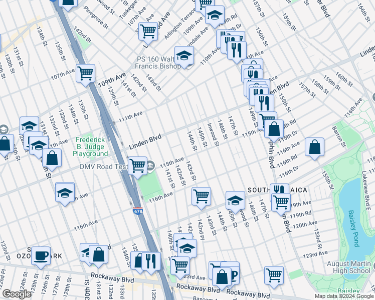 map of restaurants, bars, coffee shops, grocery stores, and more near 114-49 143rd Street in Queens