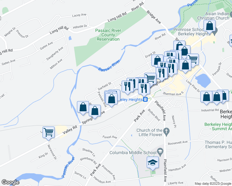 map of restaurants, bars, coffee shops, grocery stores, and more near 136 Washington Street in Berkeley Heights