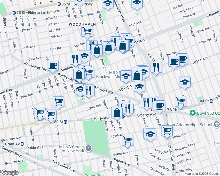 map of restaurants, bars, coffee shops, grocery stores, and more near 97-40 88th Street in Queens