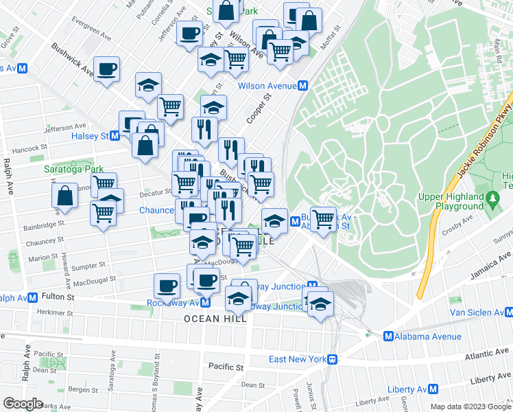 map of restaurants, bars, coffee shops, grocery stores, and more near 1472 Bushwick Avenue in Brooklyn
