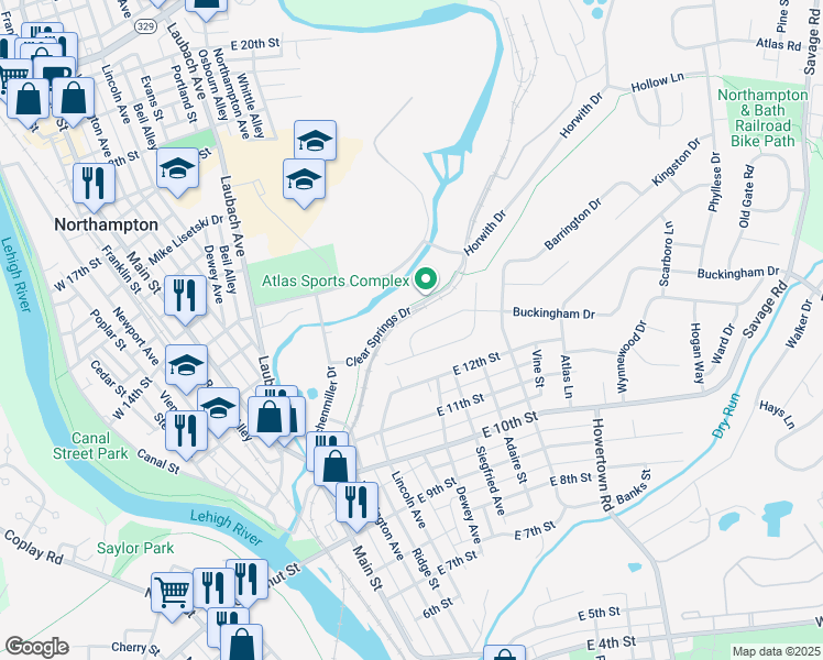 map of restaurants, bars, coffee shops, grocery stores, and more near 409 Buckingham Drive in Northampton