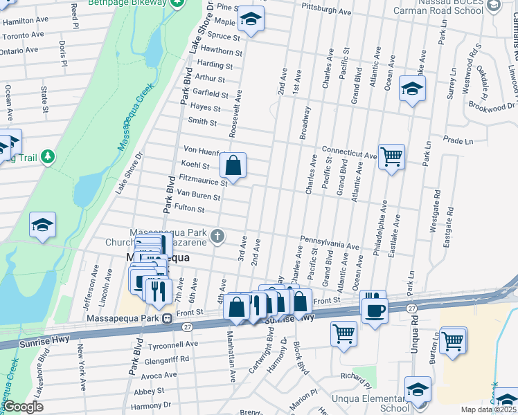 map of restaurants, bars, coffee shops, grocery stores, and more near 88 2nd Avenue in Massapequa Park