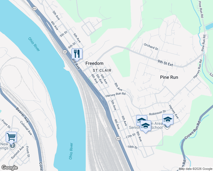 map of restaurants, bars, coffee shops, grocery stores, and more near 1180 6th Avenue in Freedom