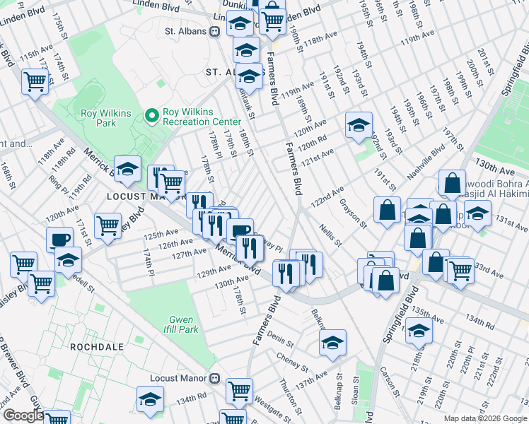 map of restaurants, bars, coffee shops, grocery stores, and more near 179-37 Zoller Road in Queens
