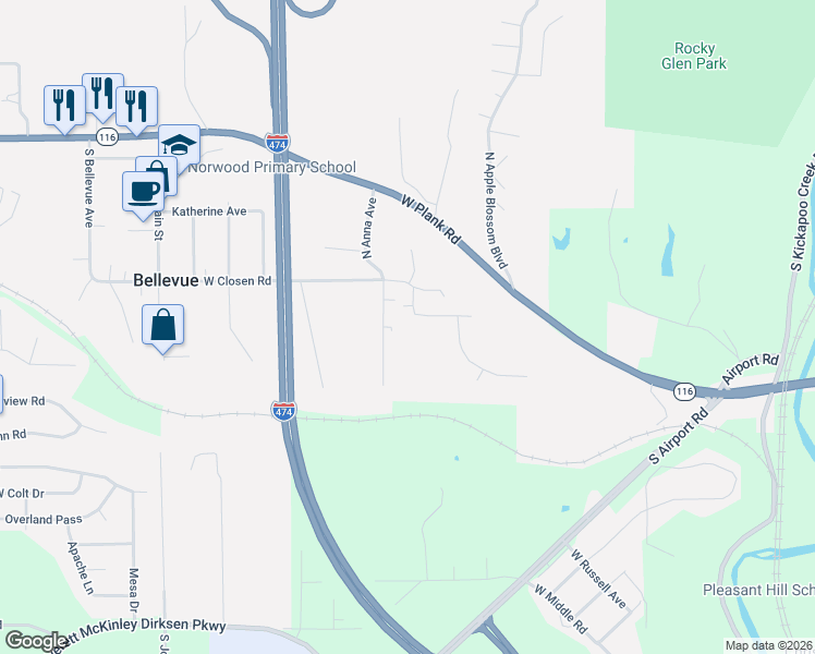map of restaurants, bars, coffee shops, grocery stores, and more near 4828 West Roseland Avenue in Peoria