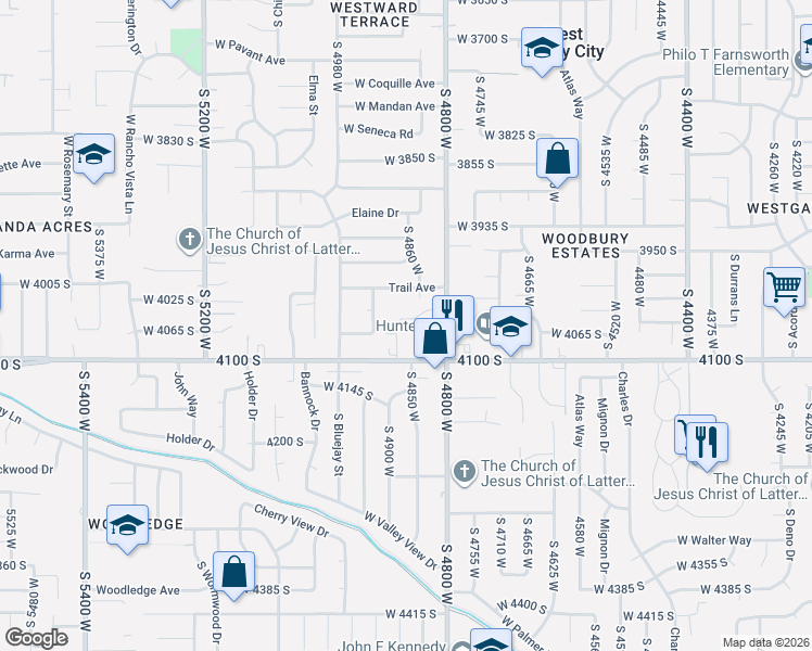 map of restaurants, bars, coffee shops, grocery stores, and more near 4889 Cottage Brook Circle in West Valley City