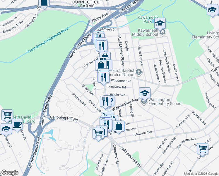 map of restaurants, bars, coffee shops, grocery stores, and more near 215 Longview Road in Union