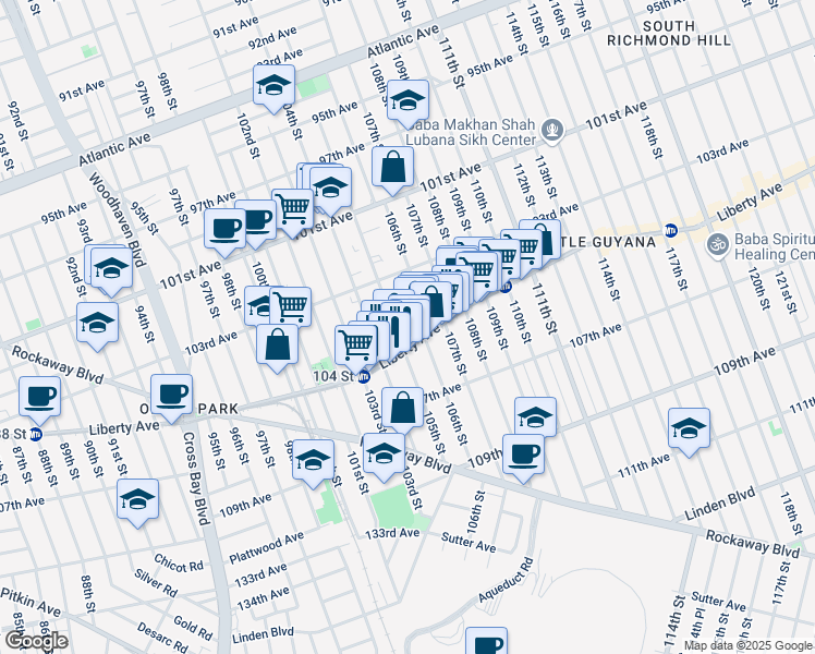 map of restaurants, bars, coffee shops, grocery stores, and more near 105-12 103 Drive in Queens