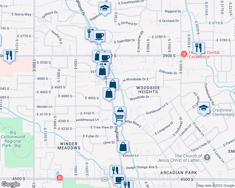 map of restaurants, bars, coffee shops, grocery stores, and more near 4085 Highland Drive in Holladay