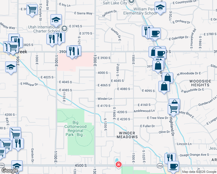 map of restaurants, bars, coffee shops, grocery stores, and more near 1376-1378 East 4065 South in Millcreek