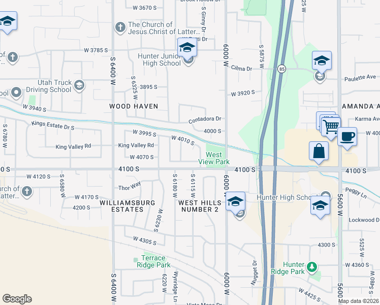map of restaurants, bars, coffee shops, grocery stores, and more near 4053 Powder Ridge Drive in West Valley City