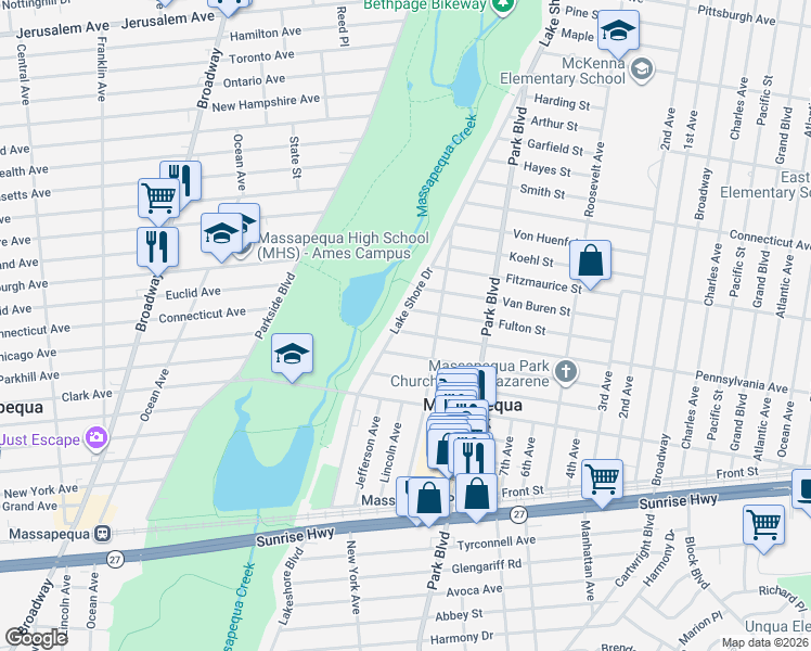 map of restaurants, bars, coffee shops, grocery stores, and more near 21 Monroe Street in Massapequa Park