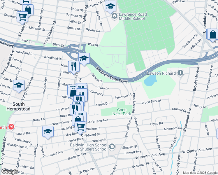 map of restaurants, bars, coffee shops, grocery stores, and more near 845 Dean Drive in Baldwin