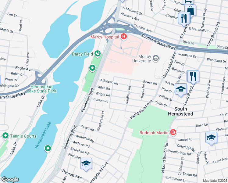 map of restaurants, bars, coffee shops, grocery stores, and more near 50 Allen Road in Rockville Centre