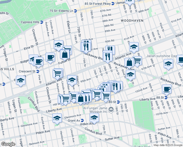 map of restaurants, bars, coffee shops, grocery stores, and more near 75-21 95th Avenue in Queens