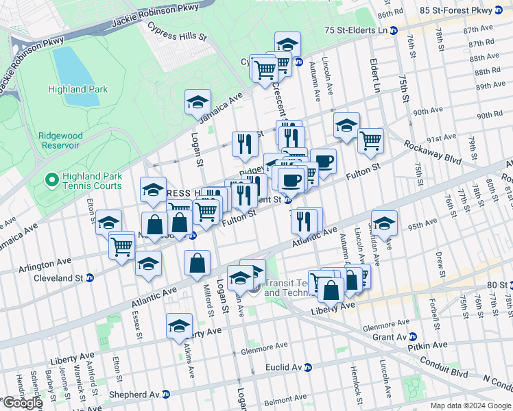 map of restaurants, bars, coffee shops, grocery stores, and more near 3249 Fulton Street in Brooklyn