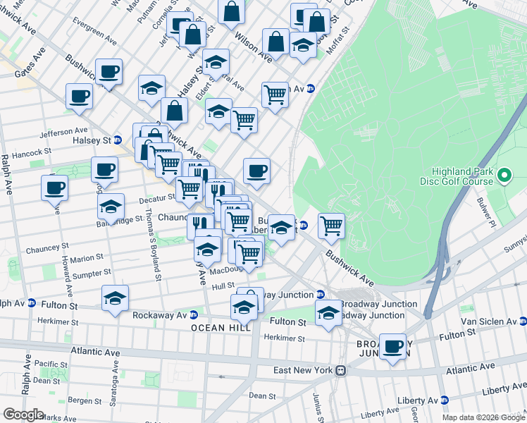 map of restaurants, bars, coffee shops, grocery stores, and more near 1469 Bushwick Avenue in Brooklyn