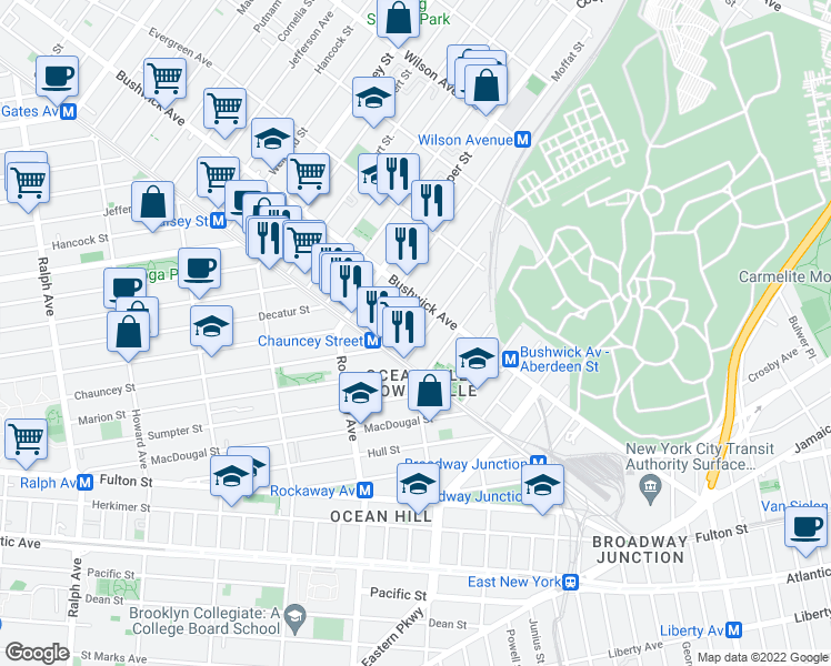 map of restaurants, bars, coffee shops, grocery stores, and more near in Brooklyn