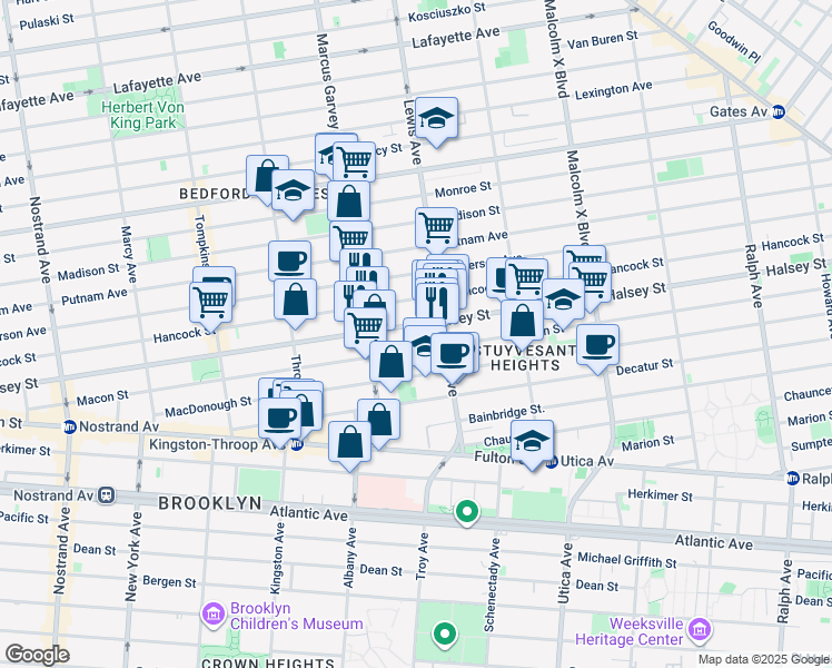 map of restaurants, bars, coffee shops, grocery stores, and more near 432 Halsey Street in Brooklyn