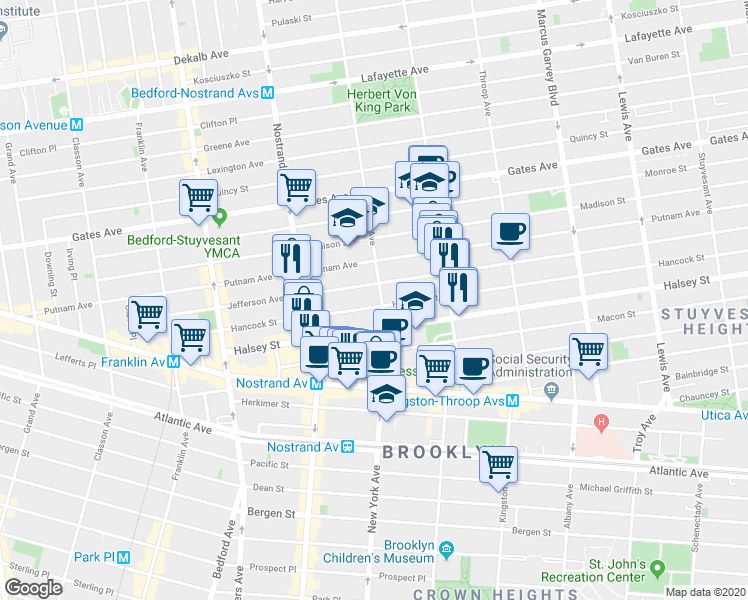 map of restaurants, bars, coffee shops, grocery stores, and more near 231 Hancock Street in Brooklyn