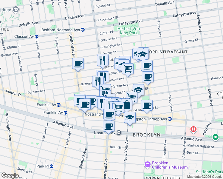 map of restaurants, bars, coffee shops, grocery stores, and more near 187 Hancock Street in Brooklyn