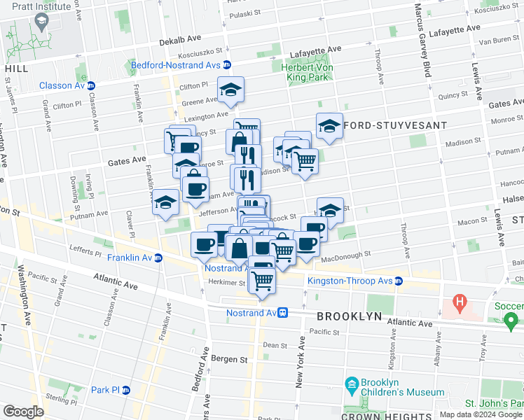 map of restaurants, bars, coffee shops, grocery stores, and more near 425 Nostrand Avenue in Brooklyn