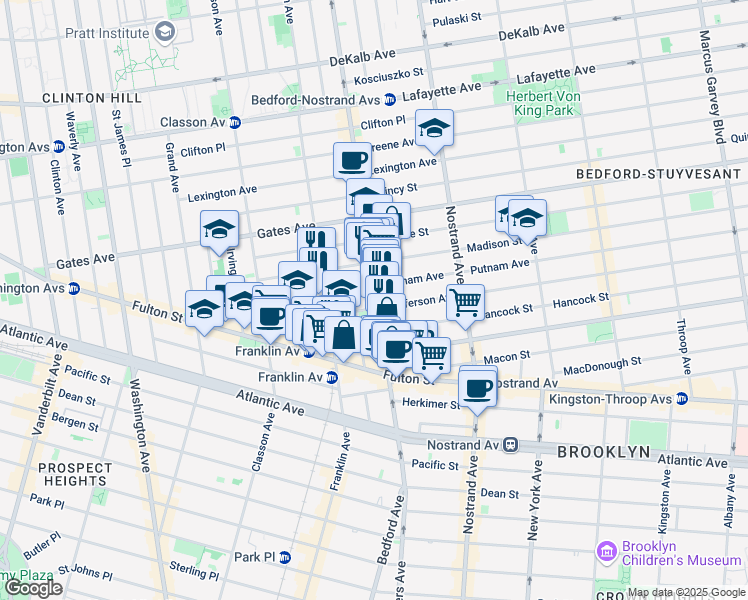 map of restaurants, bars, coffee shops, grocery stores, and more near 1184 Bedford Avenue in Brooklyn