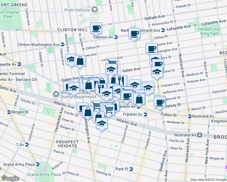 map of restaurants, bars, coffee shops, grocery stores, and more near 43 Putnam Avenue in Brooklyn