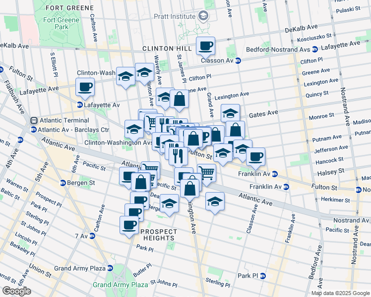 map of restaurants, bars, coffee shops, grocery stores, and more near 900 Fulton Street in Brooklyn