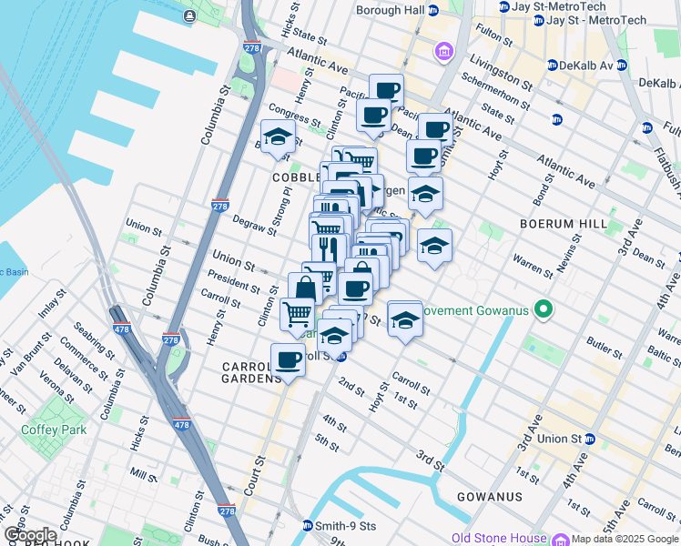map of restaurants, bars, coffee shops, grocery stores, and more near 313 Sackett Street in Brooklyn