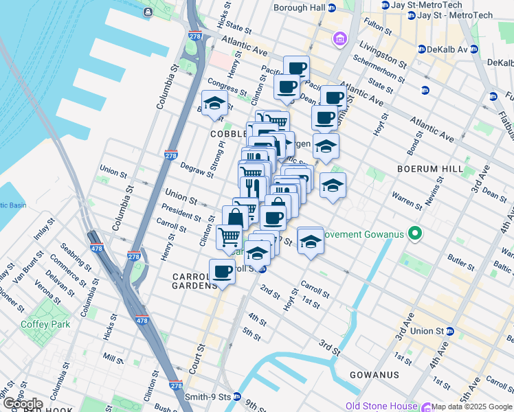 map of restaurants, bars, coffee shops, grocery stores, and more near 313 Sackett Street in Brooklyn