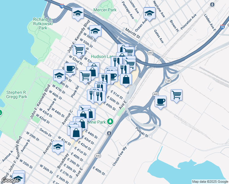 map of restaurants, bars, coffee shops, grocery stores, and more near 1030 Broadway in Bayonne