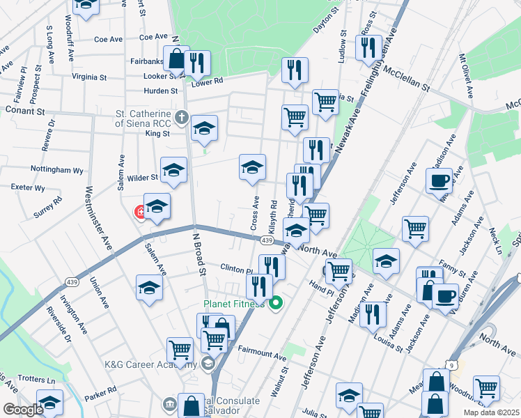 map of restaurants, bars, coffee shops, grocery stores, and more near 836 Kilsyth Road in Elizabeth