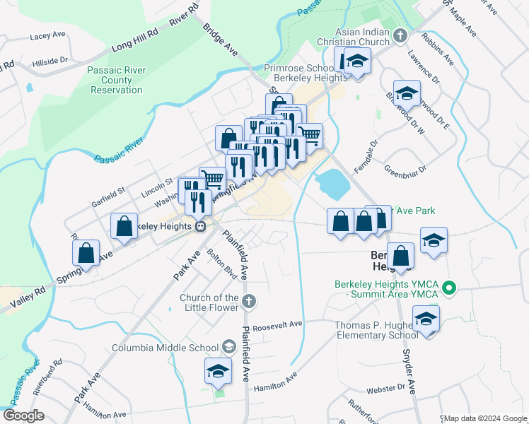 map of restaurants, bars, coffee shops, grocery stores, and more near 230-250 Sherman Avenue in Berkeley Heights